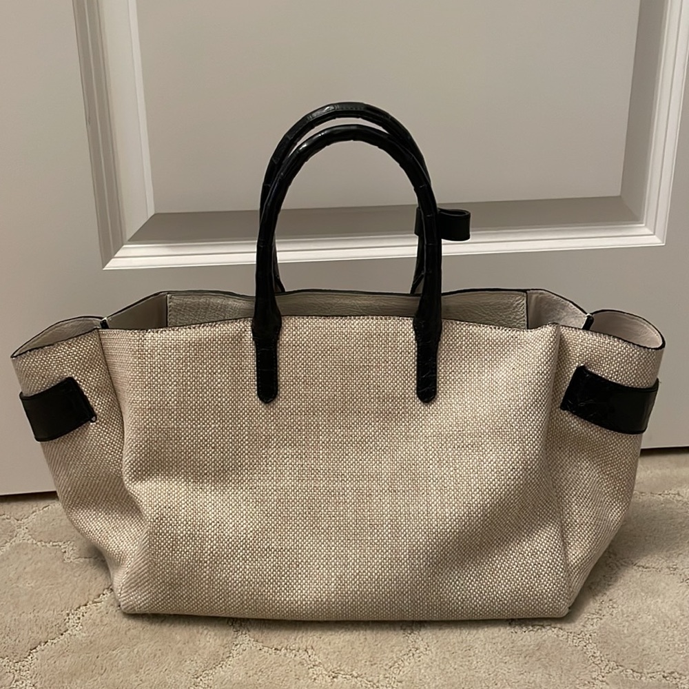 Auth Nancy Gonzalez Cristie Black Croc Leather Linen Convertible Tote w Clutch - Picture 7 of 16
